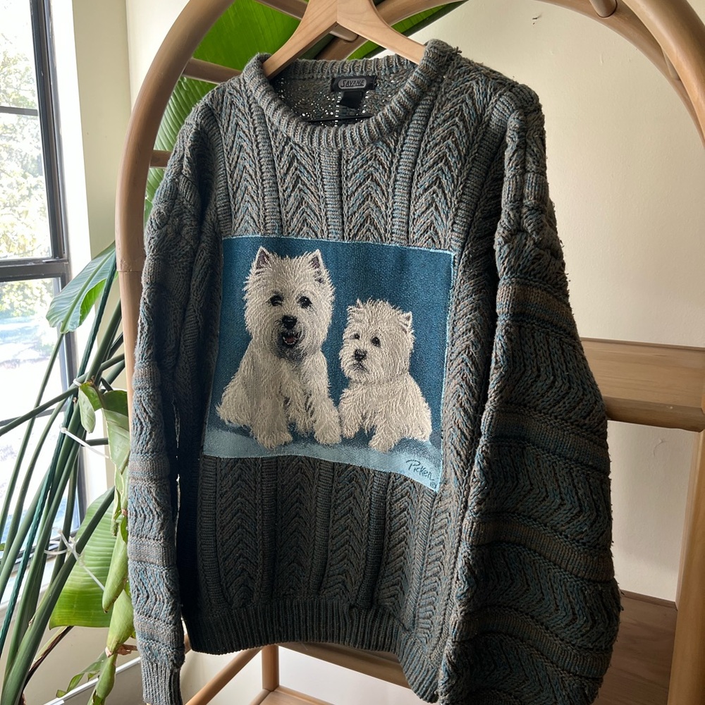 Vintage upcycled Savane Gray Sweater with Dog Design